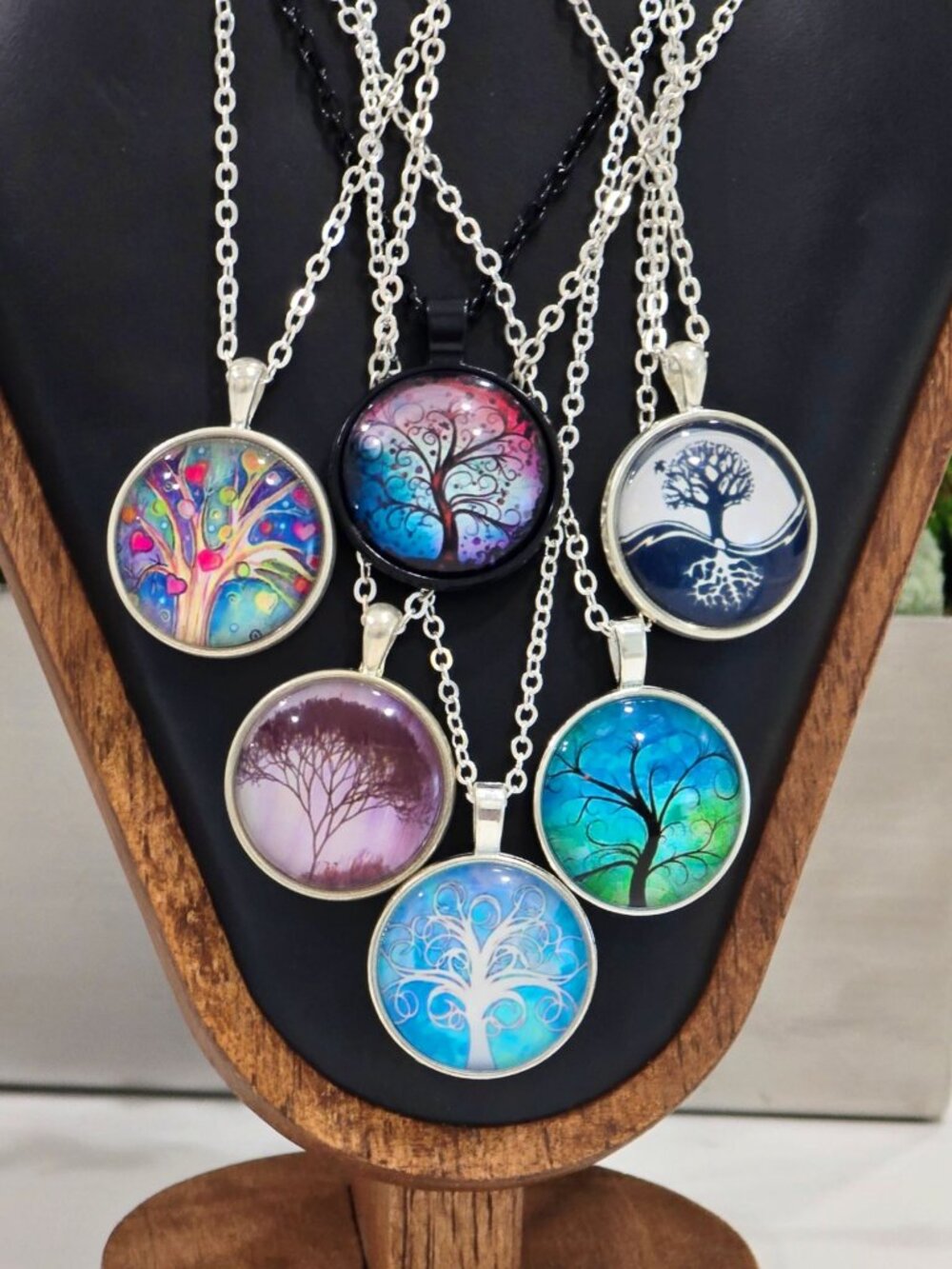 Handmade ✦ Tree of Life Glass Pendant ✦ Artistic Vibrant Cab Necklace 18" NWT